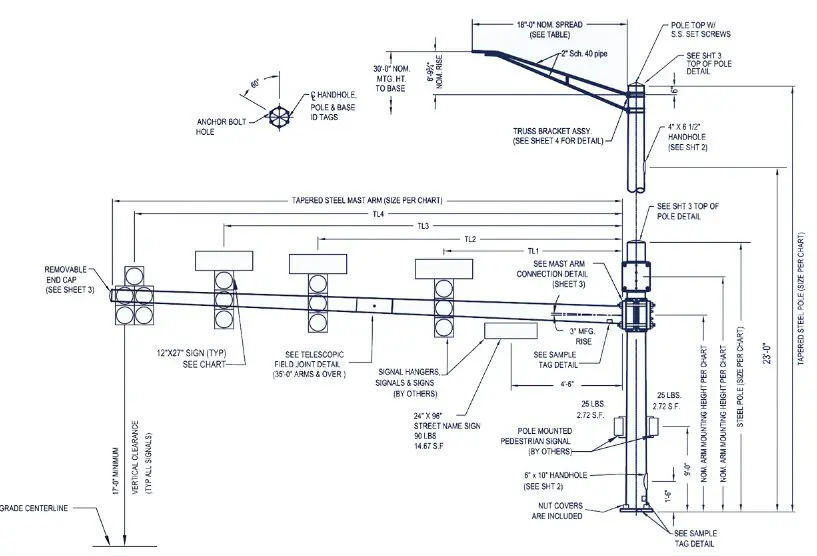 Detailed streetlight pole schematic